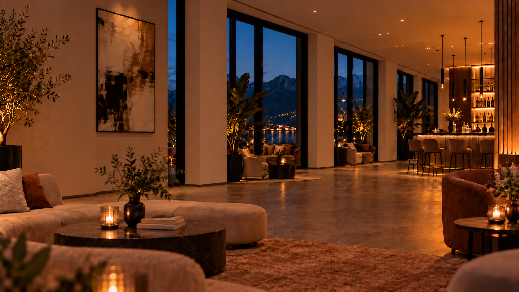 Luxuriöse Lounge mit Säulen und Blick auf einen See – Dämmerlicht