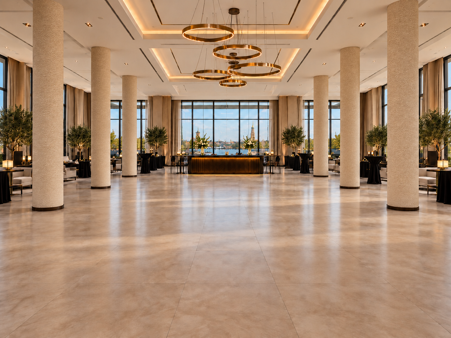 Elegante Eventhalle mit Säulen und Stadtblick – Tageslicht